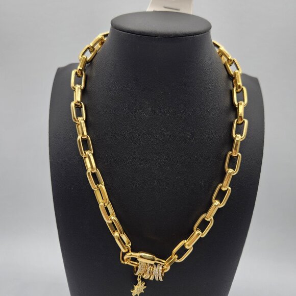 Gold plated stainless  paper clip chain with carabiner zirconia charms NWOT - Picture 2 of 7